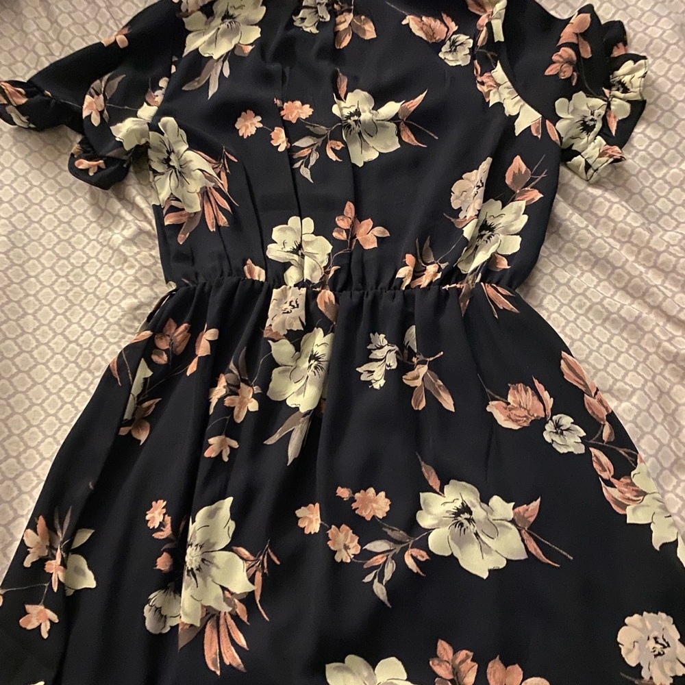 Navy dress with cream and pink flowers